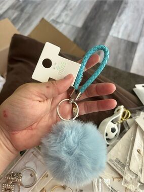 4/!50 Blue Faux Fur Pom Pom Keychain with Braided Loop